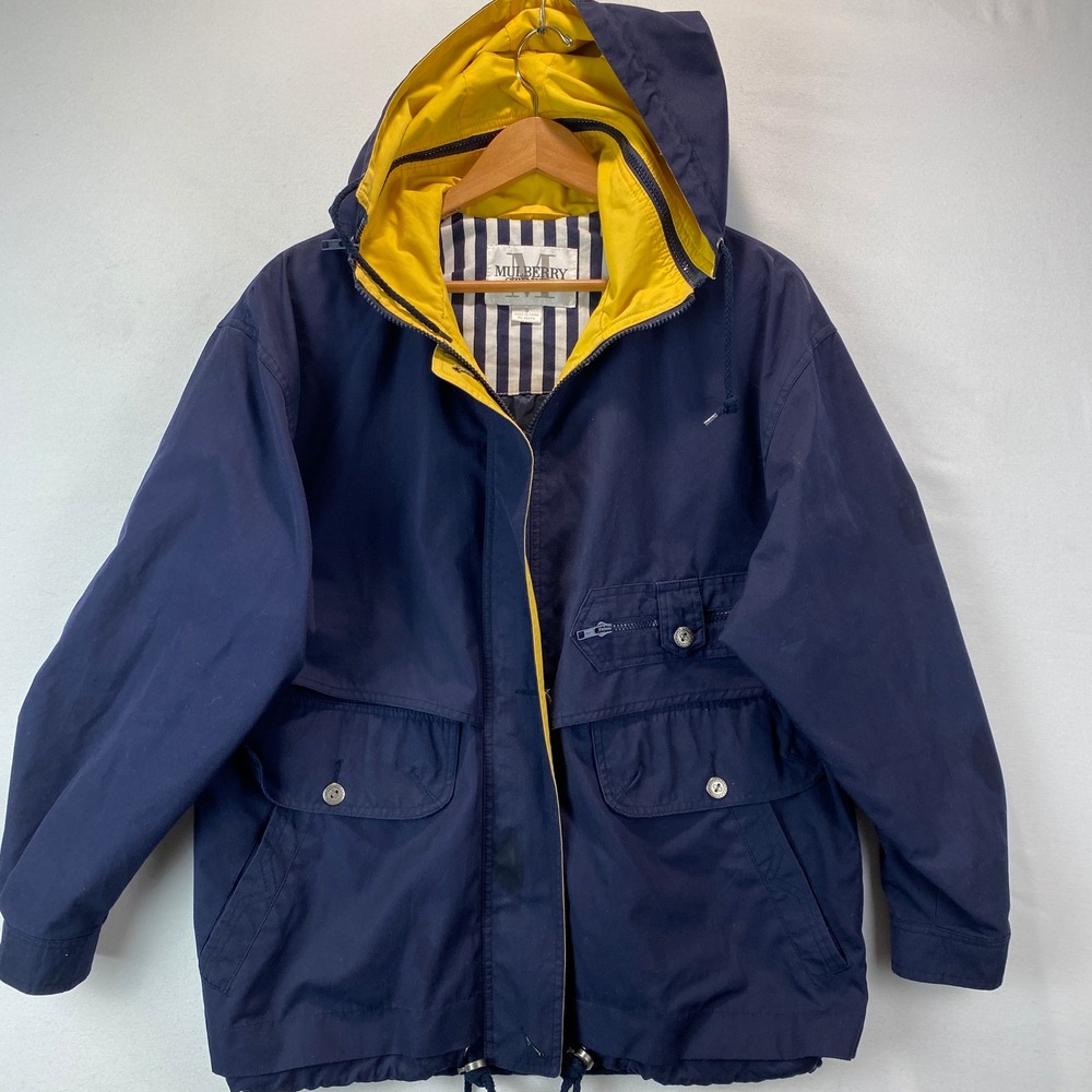 VTG Mulberry Street Hooded Windbreaker Mens L Navy Blue Yellow Nautical Jacket